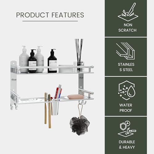 Image of GLOXY Premium Bathroom Stainless Steel Organizer Shelf Rack with Soap Holder & Toothpaste Holder - Multipurpose Bathroom Fittings Accessories Set for Home, Office, Hotels, Restaurants & Hospitals