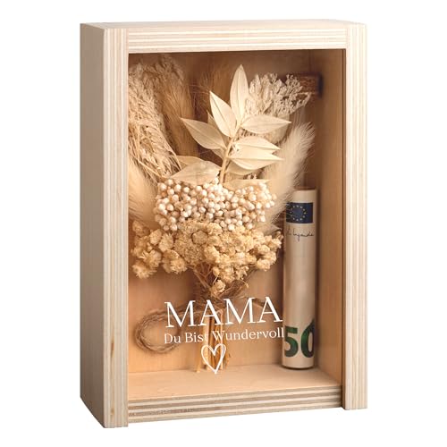 Geldgeschenk Geschenkbox für Mama - Trockenblumen + Reagenzglas, Muttertagsgeschenk, Geburtstagsgeschenk, Holzbox mit Gravur Mama - Du bist Wundervoll