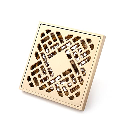 Lkfjnhepf A Floor Drain 4" Square Floor Drain Gold Color Brass Carved Flower Pattern Bathroom Shower Waste Grates Ccessories(A)