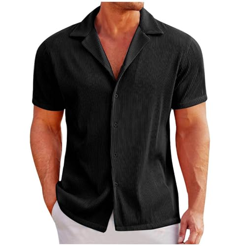 Men's Summer Button Up Shirt Short Sleeve Cuban Shirt Knit Slim Beach Shirt Pimp Shirts Men (Black, M) t Shirts for Man