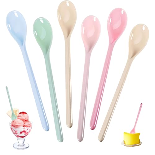 6 Stück Plastiklöffel mit Langer Griff Buntfarbige Eierlöffel & Anti-Tropf-Funktion Mehrweg-Eis-, Joghurt-, Kaffee-, Suppen- und Dessertlöffel...