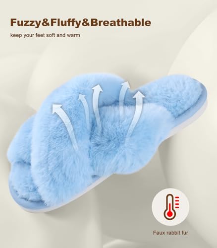 Image of Ankis Women's Fuzzy Slippers Cross Band Memory Foam Open Toe Comfy Soft House Shoes Anti-Slip Indoor Outdoor Gifts for Women