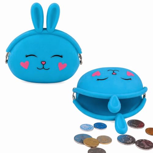 Image of FunBlast Cute Bunny Shape Silicone Coin Purse for Kids & Adults - Mini Pouch for Coins, Earphones, Keys & Small Essentials, Aesthetic Pouches for Girls & Women - 12 X 9.5 X 3 Cm (Bunny-Blue)