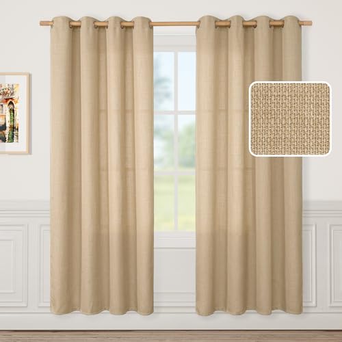 LAMIT Natural Tan Linen Curtains 80 Inch Long 2 Panels Set, Grommet Light Filtering Bedroom Living Room Curtains Semi Sheer Privacy Burlap Window Panels for Farmhouse, 52 x 80 Inch
