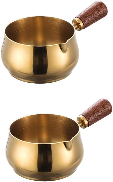 Small pots for cooking, Mini small sauce pan with Stay-Cool Wooden Handle & All Cooktop Compatibility (Gas, Ceramic, Electric) -Golden, 2.71Oz