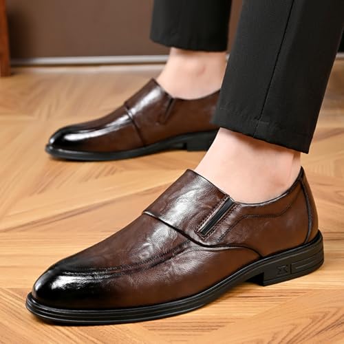 Mens Retro Leather Slip On Dress Loafers Classic Low Heels Pointed Toe Penny Shoes for Formal Business Wedding Office (Brown,Black)4