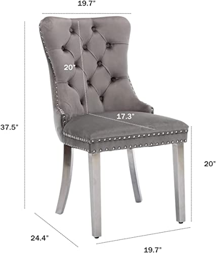 Upholstered Dining Chairs Set Of 2, Velvet Button-Tufted Armless Chairs With Nailhead Back And Ring Pull Trim Chrome Stainless Steel Plating Legs For Kitchen/Dining Room(Gray And Chrome) #TOP1