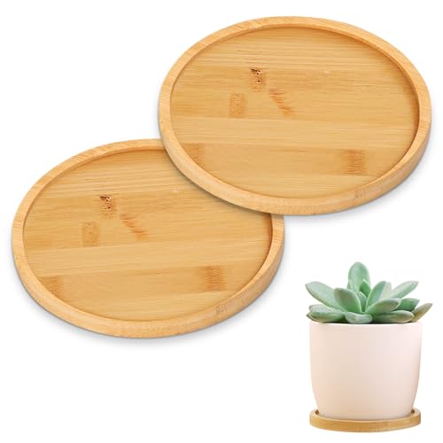 Image of 2 Pcs Round Bamboo plant Pot Saucers, 6’’ Wooden Serving Tray for Coaster