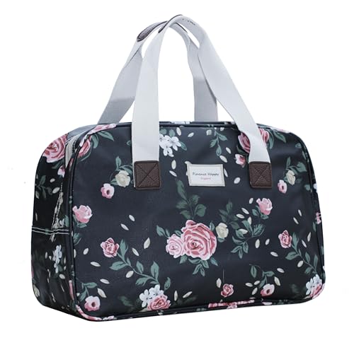 Florence Happy @ England Waterproof Matte Oilcloth Tote Bag for Beach Travel Gym Shopping Hospital Stays Weekend Getaways & Picnics Durable PVC Coated Canvas Zip Closure (Night Rose)