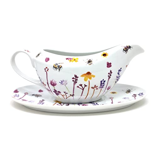 Fine China Gravy Boat Pitcher with Lip & Saucer Stand - Busy Bees The Jennifer Rose Gallery Design