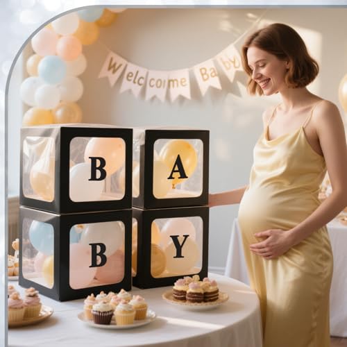 Image of Ledido Baby Boxes with Letters for Baby Shower Decorations, 4 pcs Clear Balloon Boxes with Letters for Boys Girls Gender Reveal Decorations Birthday Wedding Backdrop Party (Black)