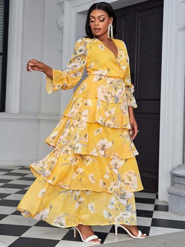 Image of Spring Summer 2024 Plus Size Womens Dresses V Neck Casual Elegant Long Sleeve Floral Print Maxi Dress
