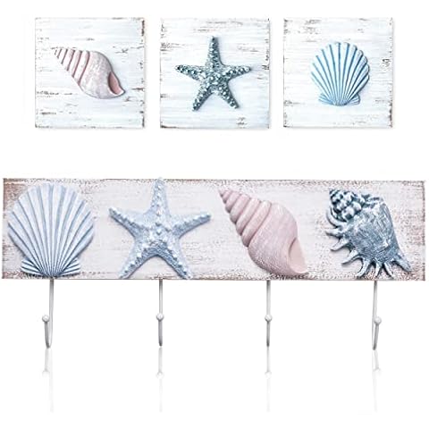 TideAndTales 3D Art Beach Wall Decor (Set of 3) & Seashell Wall Hooks, Towel Rack for Coastal Bathroom or Bedroom, Shells and Starfish Beach Decorations for Home, Ocean Theme Beach House Decor Cover