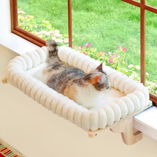 Image of Zakkart SnugCloud Cat Window Perch with 4-Sided Bolster - Orthopedic Cat Hammock for Window Sill - Solid Hardwood & Metal Frame - Window Seat for Pets (Natural Color Wood w /White Bed, Medium)