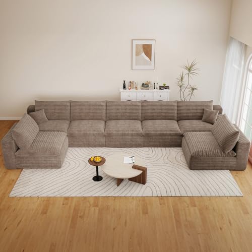 Image of 165 inch Cloud Couch Modular Sectional Sofa for Living Room, U-Shape Boneless Couch with Deep Seat, Modern Corduroy 7-Seater, No Assembly Required, Camel