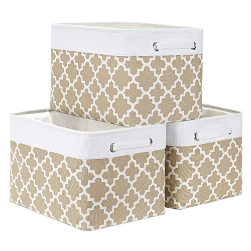 Dullemelo Fabric Storage Bins, Foldable Storage Baskets For Organizing, Collapsible Rectangular Fabric Baskets For Shelves, Closets, Nursery, Home, Office, Empty Gift Baskets (3-Pack, White&Lattice Khaki-Cloth Handles) #TOP27