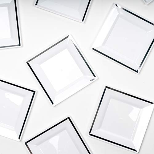 Matana - 20 Premium Square Multi-Use Plastic Silver Rim Small Dinner Party Plates - 16.5cm