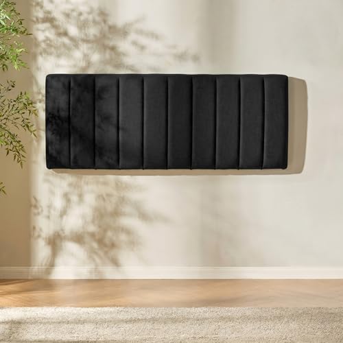 Image of Hearth & Harbor Wall Mounted King Headboard Only, Bed Headboard King Size | Easy Assemble, Floating Peel and Stick, Upholstered, Channel Stitched, 3D Wall Panels, 5 Strips of 3M Tape Included, Black