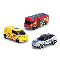 Dickie Toys - SOS-Team Spielzeugautos (je 15 cm) - 3er-Set Autos mit Freilauf für Kinder ab 3 Jahre, Volvo EX40 Polizeiauto, VW ID. Buzz Krankenwagen & Rosenbauer Penta Feuerwehrauto