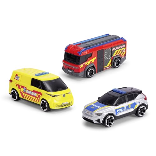 Dickie Toys - SOS-Team Spielzeugautos (je 15 cm) - 3er-Set Autos mit Freilauf für Kinder ab 3 Jahre, Volvo EX40 Polizeiauto, VW ID. Buzz Krankenwagen & Rosenbauer Penta Feuerwehrauto