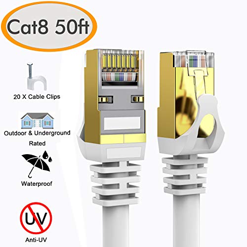 Cat 8 Ethernet Cable 50 ft Shielded, 26AWG Lastest 40Gbps 2000Mhz SFTP Patch Cord, Heavy Duty High Speed Cat8 LAN Network RJ45 Cable- in Wall, Outdoor, Weatherproof Rated for Router, Modem, Gaming