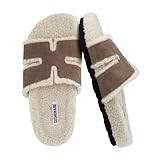 CUSHIONAIRE Cuddle Fur Slippers for Women Faux Shearling Slide Sandal +Memory Foam, fuzzy slippers women, TAUPE 9W