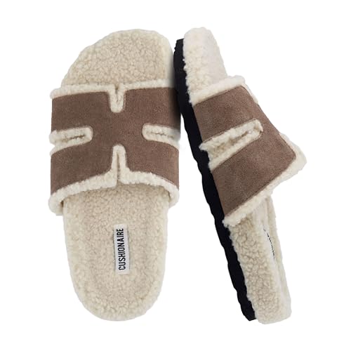 CUSHIONAIRE Cuddle Fur Slippers for Women Faux Shearling Slide Sandal +Memory Foam, cozy gifts for women, TAUPE 9