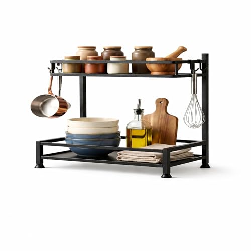Image of IBELL DR6373 2-Tier Multipurpose Metal Storage Rack for Kitchen & Office | Countertop Organizer with Hooks | Spice Rack, Desk Shelf, Bathroom & Pantry Organizer (Black)