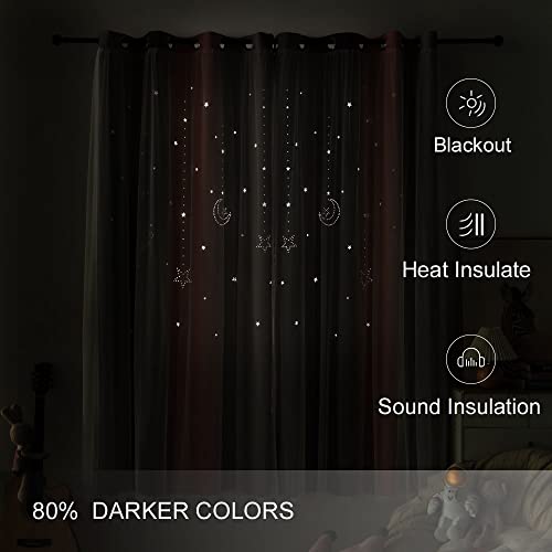 Fanli 2 Panels Star Ombre Rainbow Blackout Curtains For Kid Girls Bedroom Living Room Decor Darkening Moon Double Layer Star Cut Out Stripe Gradient Window Curtain (Pink/Grey, 52Wx63L-2Panels) #TOP5