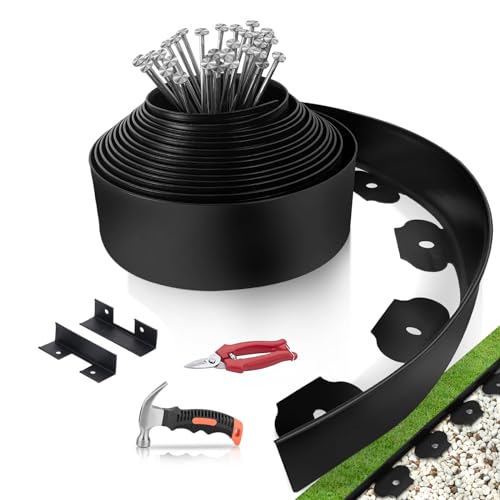Bordure de jardin flexible de 10 m – Bordure de 10 cm de haut avec 30 piquets métalliques, 2 connecteurs, 1 marteau et sécateur, bordure de pelouse pour parterre de fleurs, pelouse, jardin