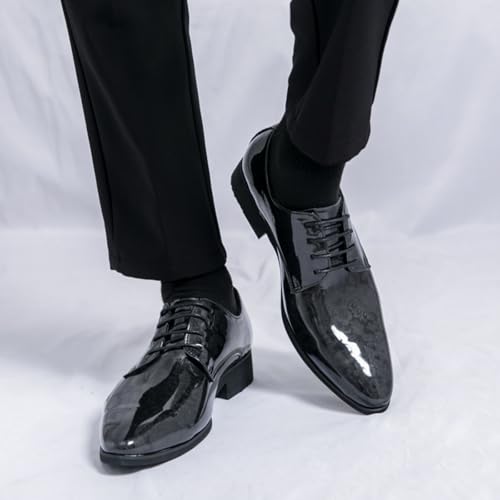 Mens Retro Printed Patent Leather Lace Up Dress Oxfords Shoes Low Top Pointed Toe Non-Slip Chunky Heels Casual Dreby Shoes for Formal Business Wedding3