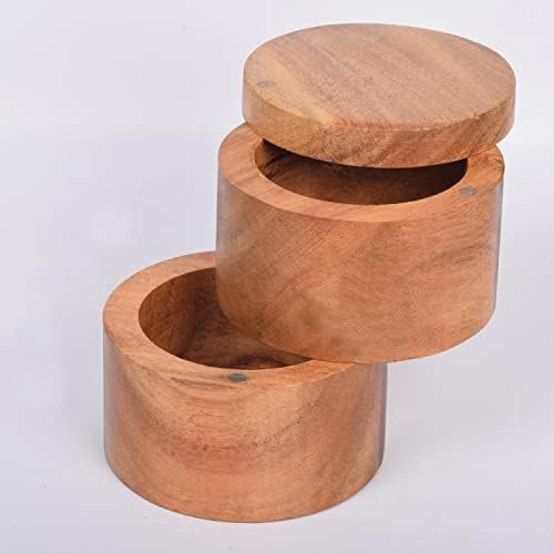 Samhita 2-Tier Acacia Wood Round Salt & Spice Box with Magnetic Swivel Lids Elegant Storage Keeper for Condiments, Seasoning, Pepper