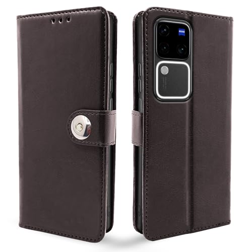 Image of Pikkme Vivo V30 Pro 5G Flip Cover Leather Finish | Inside TPU with Card Pockets | Wallet Stand and Shock Proof | Complete Protection Button Flip Case (Coffee)