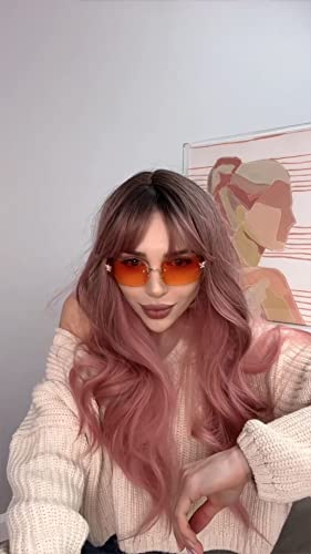 Rectangle Y2K Sunglasses For Women,Trendy Rimless Sunglasses Retro Square Vintage Shades (Orange Sunglasses) #TOP1