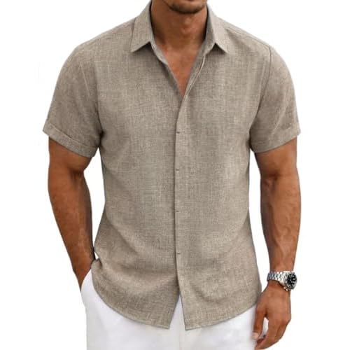 Mens Linen Shirts Short Sleeve Casual Shirt Button Down Summer Beach Vacation Tops Men Casual Dress Shirts Breathable X-Large 00140_light Brown