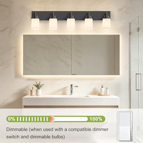 Image of Bathroom Light Fixtures, Matte Black Bathroom Lighting Fixtures Over Mirror, Modern Vanity Light with White Glass Shade, Restroom Lighting Fixtures, 5-Light 36-inch
