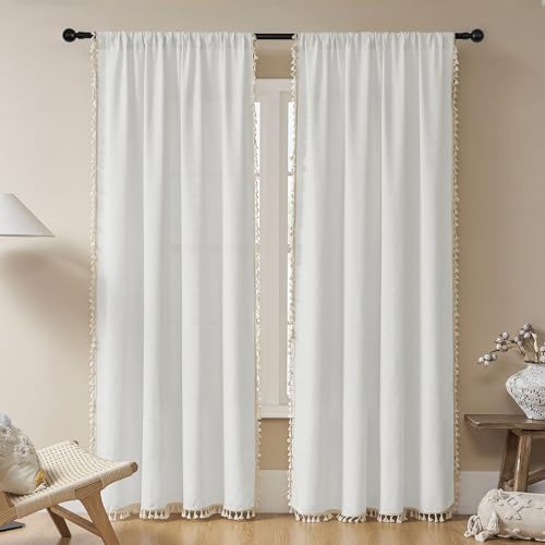 Image of Joydeco Linen White Boho Curtains 63 Inch, 2 Panels with Tassels | Super Soft Farmhouse Drapes, Semi Sheer Light Filtering, Natural Look for Bedroom Living Room, Modern Boho Decor