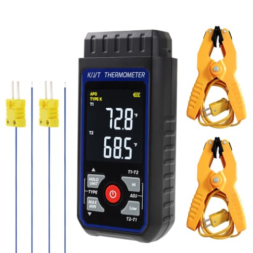 Dual-Channel K/J-Thermometer mit 4 Sonden & 2 Rohrschellen – -200°C bis 1372°C (-328°F bis 2501°F), Alarm, Hintergrundbeleuchtung – Temperaturmessgerät für HVAC-Werkzeuge, Industriethermometer