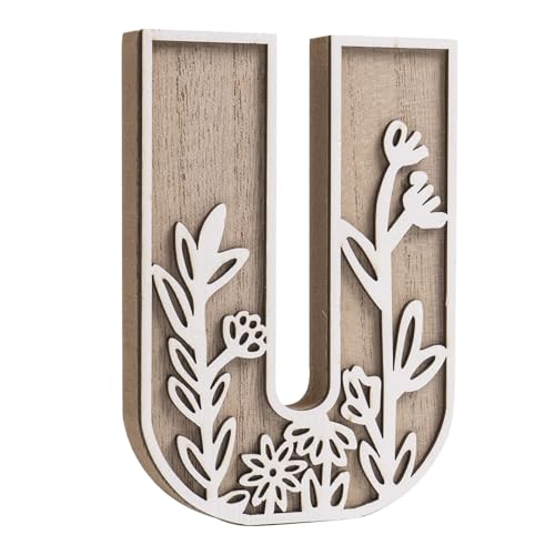 caiydramy 3D Layered Floral Wooden Letters for Wall Decor, 4.9" Name Sign for Nursery, Wood Alphabet Letter U Boho Wildflower Girls Kids Room Initials for Table Shelf Home Decorations