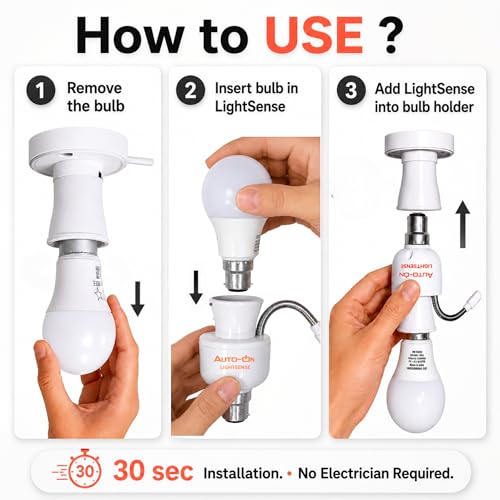 Image of Auto-ON LightSense Automatic Day /Night Sensor Holder, B22 Base, at Night & Off in Daylight, Flexible Sensor Design, for Outdoor Lights (One Year Warranty) (Made in India)