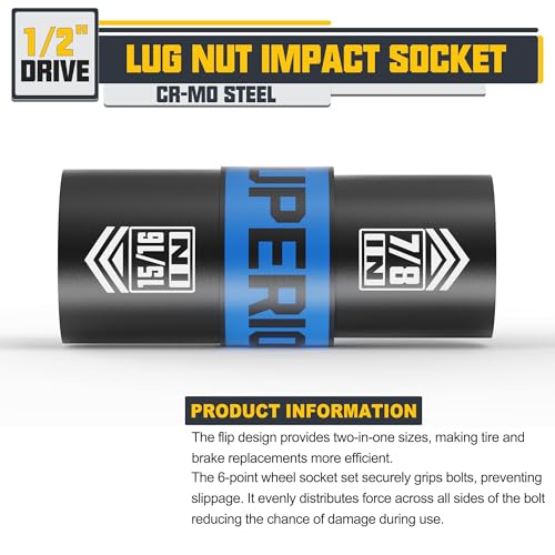 Image of 1 /2 inch Drive Lug Nut Impact Socket, 7 /8 inch x 15 /16 inch Impact Socket, Flip Socket, Thin Wall Nut Socket, Cr-V Steel, Remove Bloated Warped or Damaged Lug Nuts
