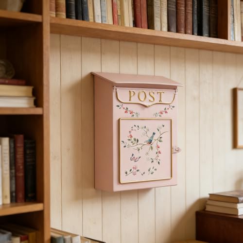 Image of Mailbox Wall Mount Mailboxes for Outside Vintage Mail Boxes for House Outside Metal Drop Box Antique Style Nostalgic Charm Home Decorative, Flower Pattern, Pink