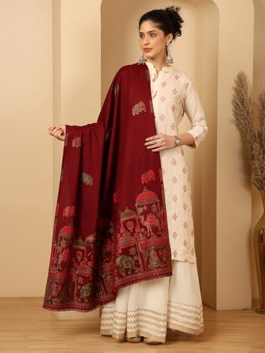 Image of tweedle Women's Ethnic Mahotsav Design Zari Shawl, Faux Wool Stole /Scarf for Ladies, Size - 40 x 80 inches