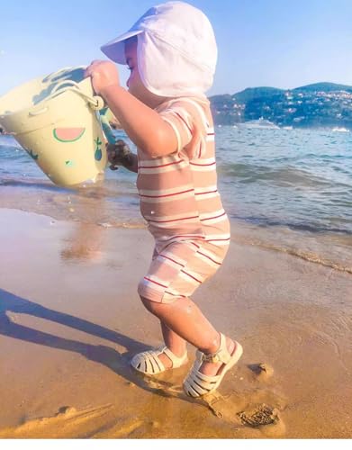 Image of Girls One Piece Swimsuit Zipper Long Sleeve Rash Guard Green Striped Sunsuit Seersucker Bathing Suit with Ruffle Butt