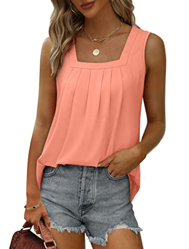 Image of Saloogoe Summer Tank Tops for Women Loose Fit Pleated Square Neck Sleeveless Tops Curved Hem Flowy