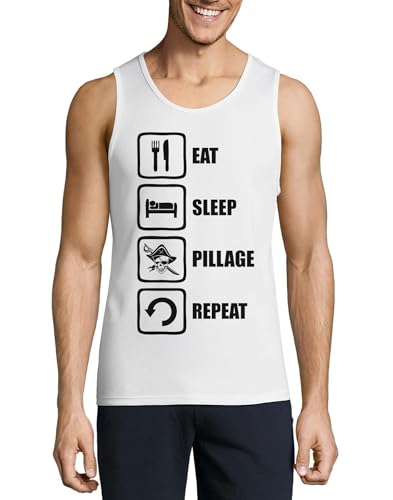 Camiseta sin mangas de algodón para hombre Eat Sleep Pillage Repeat blanca ligera