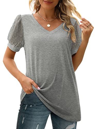 Image of Aokosor Womens Summer Tops V Neck T Shirts Swiss Dot Puff Sleeve Tops Loose Casual Tshirts