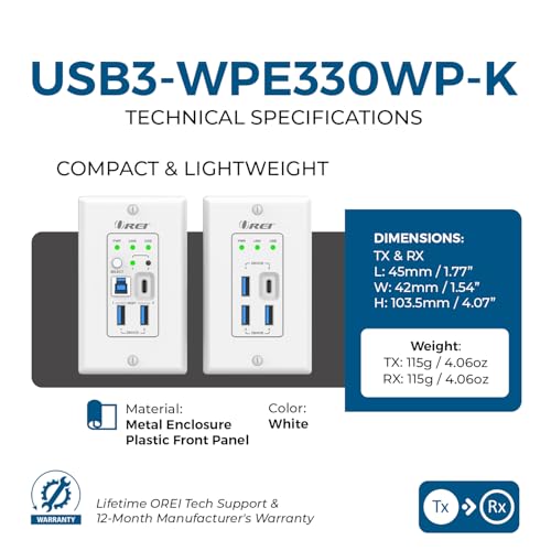 Image of OREI USB 3.2 Wall Plate Over Ethernet HDbaseT Cat6 Extender LAN Upto 330 Feet - Dual Host Extends USB-C /USB-B Signal Over Ethernet - Power Over Cable