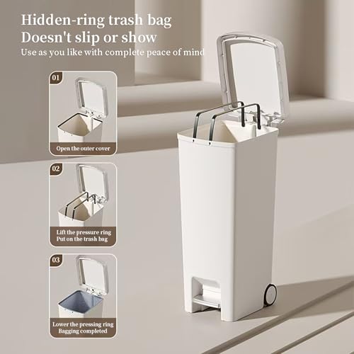 Image of WanWanKa Kitchen Trash Can with Lid,45L /12gallon Lagre Commerical Silcent-Close Lid Grabage Can Wheeled,Hands Free with Step On Foot Pedal Wastebasket,Back of Home,Laundry Room Tall Trash Can,White G