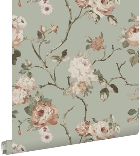 papier peint fleurs vintage vert menthe grisé et rose clair 53 cm x 10.05 m - ESTAhome